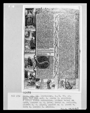 Postillum von Nicolaus von Lyra — Anfang des Buchs der Richter; sechs Miniaturen: Judas Makkabäus, Gideon betet zu Gott, Samson und der Löwe, David und Goliath, Gideon und der Engel, Samson mit den Toren von Gaza und Samson und Dalila, Folio 167verso