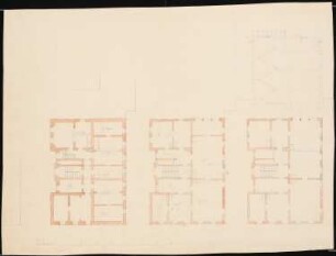 Zweigeschossiges Schloss mit eingezogenem Mittelteil: Grundriss Keller-, Erd- und Obergeschoss