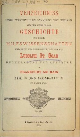 Antiquarisches Verzeichniss. 68. 1886