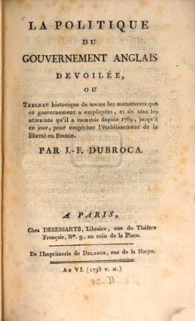 La Politique du Gouvernement Anglais dévoillée