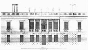 Greenwich (London), Queen's House, Fassadenaufriss der Parkseite / Südfassade mit Loggia, Haus der Königin Anna von Dänemark; Inigo Jones