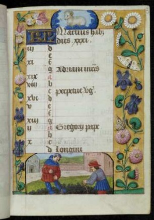 Kalendar: März; Monatsbild: Umgraben des Ackers; Tierkreiszeichen Widder; Trompe l'oeil-Rahmen mit Blütenzweigen und Insekten