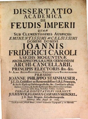 Dissertatio Academica De Feudis Imperii