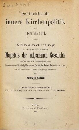 Deutschlands innere Kirchenpolitik von 1105 bis 1111