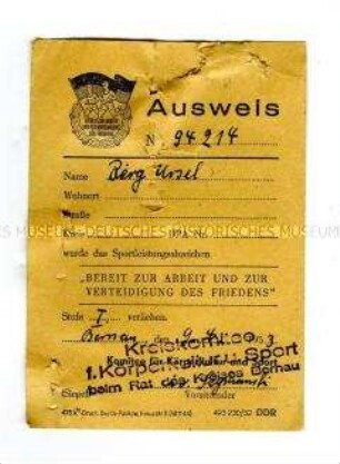 Ausweis zum Sportleistungsabzeichen "Bereit zur Arbeit und zur Verteidigung des Friedens", Stufe I