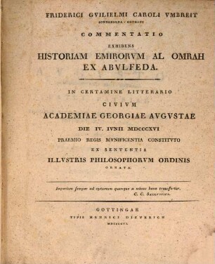 Commentatio exhibens historiam Emirorum al Omrah ex Abulfeda