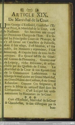 Article XIX. Du Marechal de la Cour