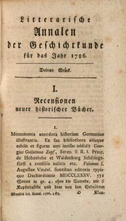 Litterarische Annalen der Geschichtkunde in und außer Teutschland : für das Jahr ..., 3. 1786