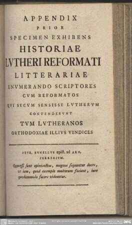 Appendix Prior Specimen Exhibens Historiae Lutheri Reformati Litterariae...