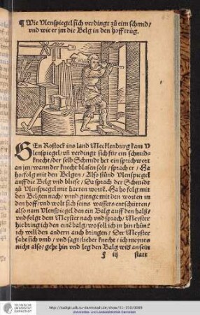 Die XXXIX. History Wie Vlenspiegel sich verdingt zu eim Schmid/vnd wie er jm die Belg in den hoff trug
