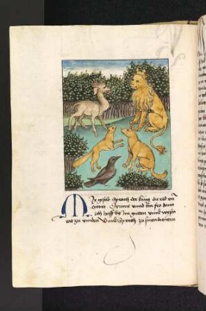 Dimna vor dem Löwenkönig; (Kapitel II: Von dem Löwen und dem Ochsen)