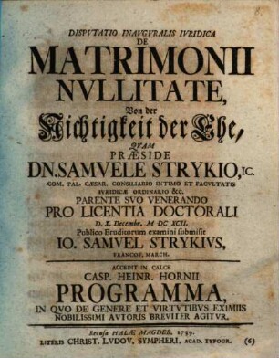 Disputatio Inauguralis Iuridica De Matrimonii Nullitate = Von der Nichtigkeit der Ehe