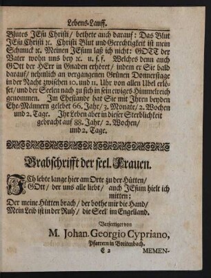 Grabschrifft der seel. Frauen.