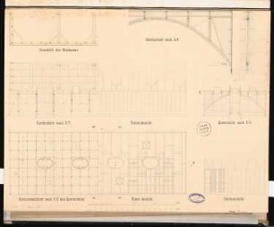 Eisenbahnbrücke Schinkelwettbewerb 1862: Details zur Erichtung der Pfeiler und Bögen in Grundrissen, Ansichten, Schnitten; 2 Maßstabsleisten