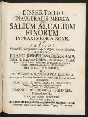 Dissertatio Inauguralis Medica De Salium Alcalium Fixorum In Praxi Medica Noxis