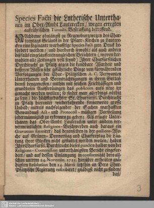 Species Facti die Lutherische Unterthanen im Ober-Ambt Lauterecken, wegen erregten aufrührischen Tumults Bestraffung betreffend