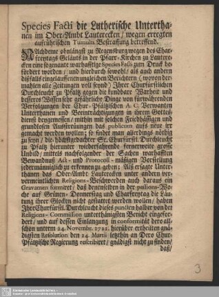 Species Facti die Lutherische Unterthanen im Ober-Ambt Lauterecken, wegen erregten aufrührischen Tumults Bestraffung betreffend