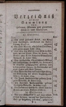 Verzeichniß einer Sammlung von goldenen, silbernen und zinnernen Münzen und Medaillen.