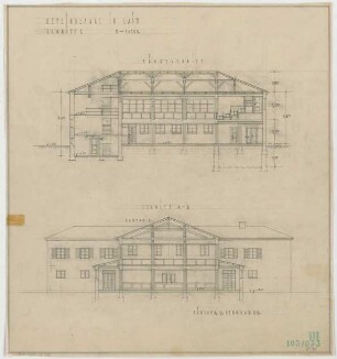 Fischer, Theodor; München - Laim; Ev. Kirche und Gemeindesaal - Schnitt, Längsschnitt