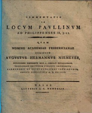Commentatio In Locvm Pavllinvm Ad Philippenses II, 5 - 11 : Qvam Nomine Academiae Fridericianae, [1]