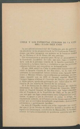 Chile y los patriotas cubanos de la guerra de los diez años