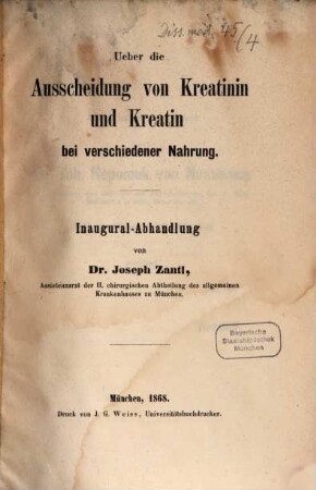 Ueber die Ausscheidung von Kreatinin und Kreatin bei verschiedener Nahrung : Inaugural-Abhandlung
