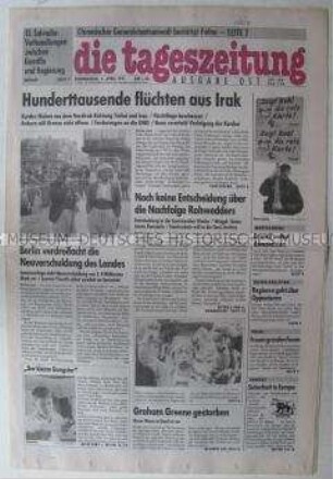 Fragment der Ost-Ausgabe der "tageszeitung" u.a. zur Massenflucht von Kurden aus dem Irak