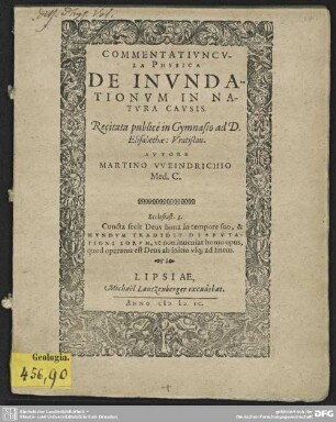 Commentatiuncula Physica De Inundationum In Natura Causis : Recitata publice in Gymnasio ad D. Elisabethae: Vratislau.