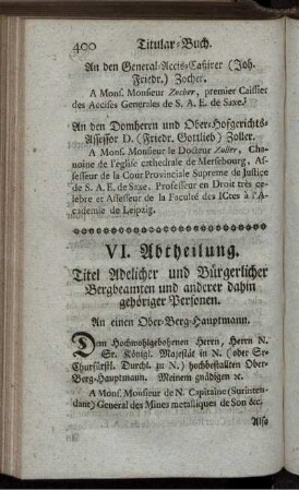 VI. Abtheilung. Titel Adelicher und Bürgerlicher Bergbeamten und anderer dahin gehöriger Personen.