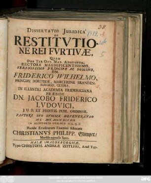 Dissertatio Juridica De Restitvtione Rei Fvrtivæ