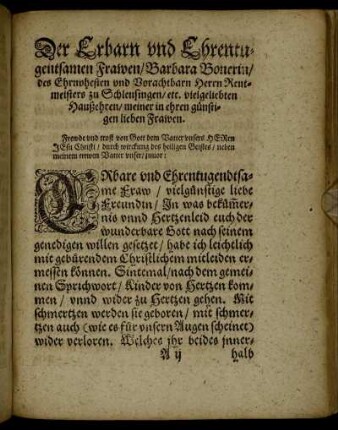 Der Erbarn und Ehrentugendsamen Frawen, Barbara Bonerin, des Ehrnvhesten und Vorachtbarn Herrn Rentmeisters zu Schleusingen [...]