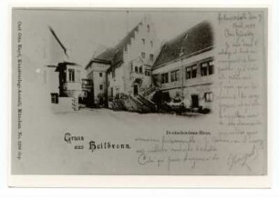 "Gruß aus Heilbronn", "Deutschordens-Haus" - kleiner Deutschhof mit Freitreppe, Staffelgiebelhaus und Komturwappen-Erker