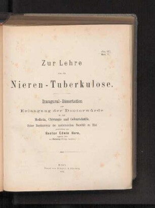 Zur Lehre von der Nieren-Tuberkulose.