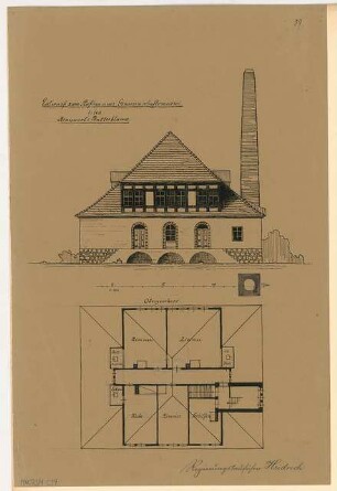 Genossenschaftsmeierei in Pommern Monatskonkurrenz März 1910: Grundriss Obergeschoss, Aufriss Seitenansicht 1:150; Maßstabsleiste