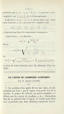 Sur l'emploi des coordonnées intrinsèques.