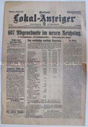 Tageszeitung "Berliner Lokal-Anzeiger" zu den Ergebnissen der Reichstagswahl vom 31. Juli 1932