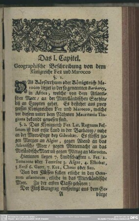 Das 1. Capitel. Geographische Beschreibung von dem Königreiche Fez und Marocco
