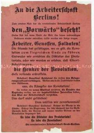 Bekanntmachung der revolutionären Arbeiterschaft Groß-Berlins über die Einnahme des "Vorwärts"-Verlagsgebäudes im Zuge des Januaraufstands 1919