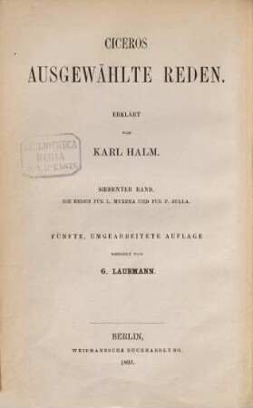 Cicero's ausgewählte Reden, 7. Reden für L. Murena und für P. Sulla