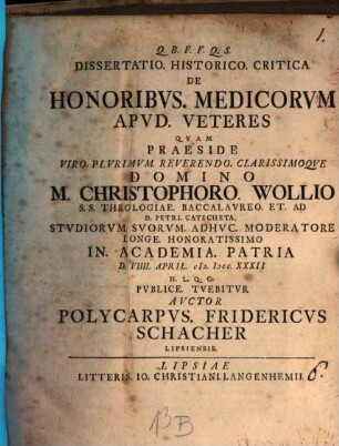 Diss. hist. crit. de honoribus medicorum apud veteres