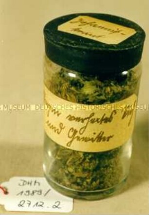 Glasbehältnis (mit Johanniskraut gefüllt)