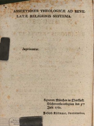 Assertiones Theologicae Ad Religionis Revelatae Systema