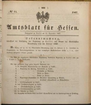 № 71. Ausgegeben zu Cassel am 23. September 1867.