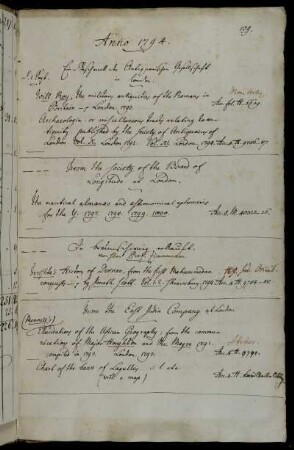Ein Geschenck der Antiquarischen Gesellschaft in London. - From the society of the Board of Longitude at London. - In Braunschweig erkauft. von Hhrn Prof. Zimmermann. - From the East India Company at London