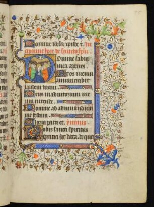 Initiale D, historisiert (Pfingstwunder), mit Fadenrankenbordüre