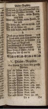 V. Psalm-Register/ oder Anzeige der Lieder über gewisse Psalmen.
