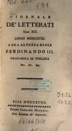 Giornale de'letterati. 91, 91. 1793