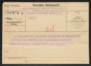 Brief von Robert Faesi und Jenny Faesi an Gerhart Hauptmann
