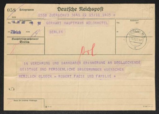 Brief von Robert Faesi und Jenny Faesi an Gerhart Hauptmann