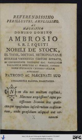 Reverendissimo ... Domino Ambrosio S.R.I. Equiti Nobili De Stock ...